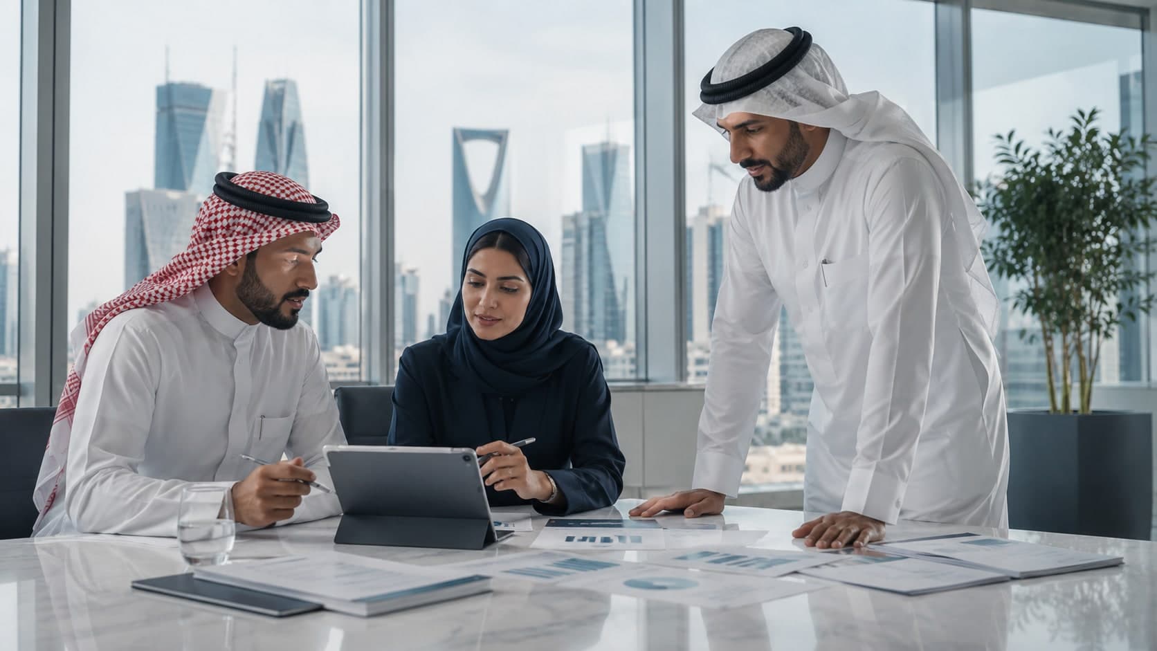 Investors reviewing reports around a boardroom table
