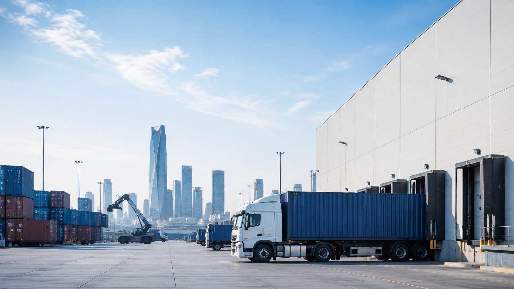 Freight trucks at a distribution centre loading dock
