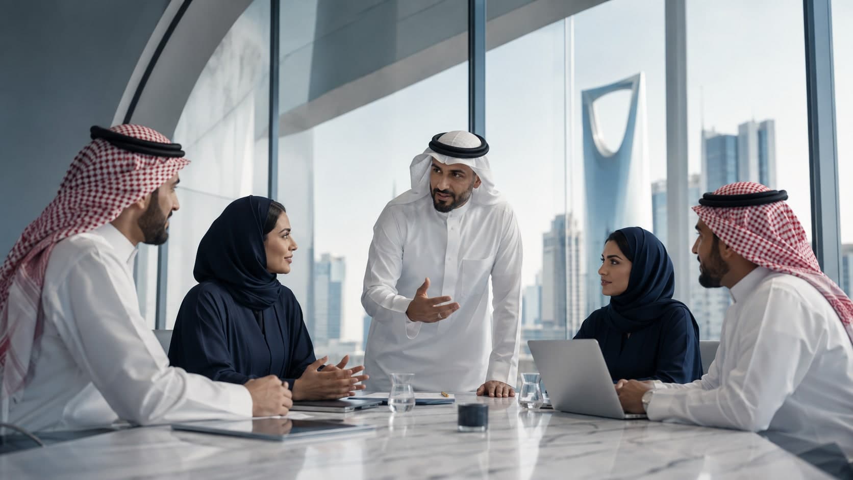 Colleagues in discussion around a boardroom table in Riyadh