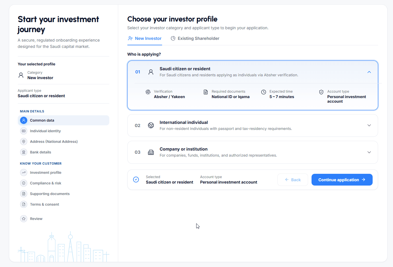 The investor onboarding journey interface